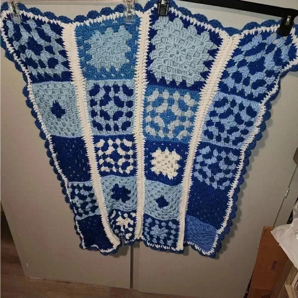 Vintage Hand Knit Crochet Granny Square Afghan Baby Child Kids Blanket Throw